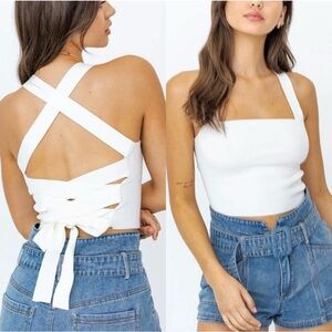 Gab & Kate White-off Knit Criss Cross Laceup Open Back Square Neck Crop …